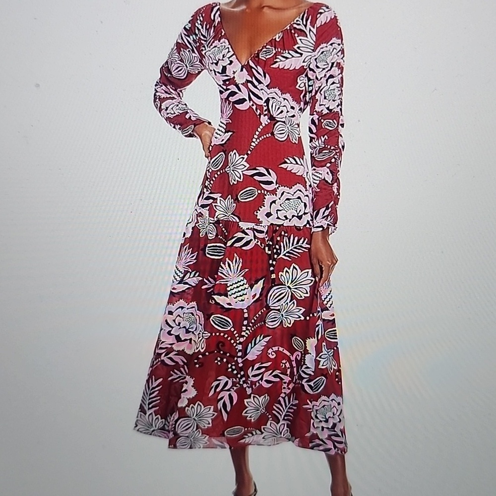 FARM RIO PINEAPPLE INSPIRATION BURGUNDY V NECKLINE MAXI DRESS SIZE M